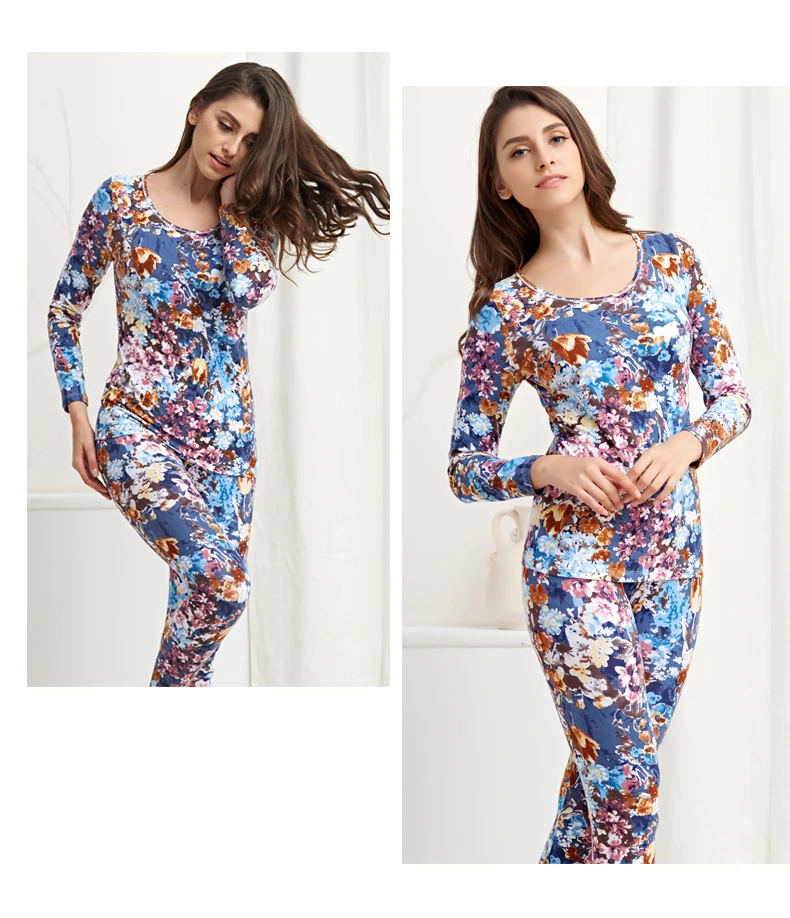 Women's Long Johns O-neck Long Sleeve Cotton Floral Print Winter Keep Warm Cotton Elastic Bottoming Thermal Underwear Tmall
