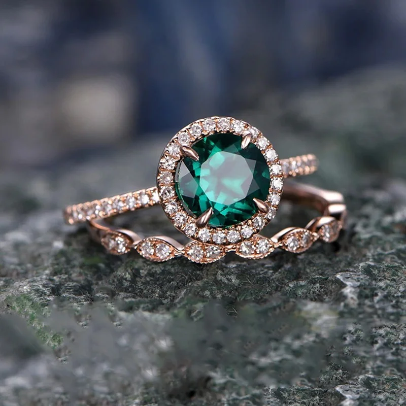 Rose Gold Модный комплект одежды из 2 шт./компл.; роскошная женская обувь, расшитая зелеными каменные кольца с настоящими Австрийскими кристаллами Для женщин гламур розового золота с цирконием, Обручение обручальные кольца ювелирные изделия Bijoux(украшения своими руками - Цвет основного камня: Rose Gold