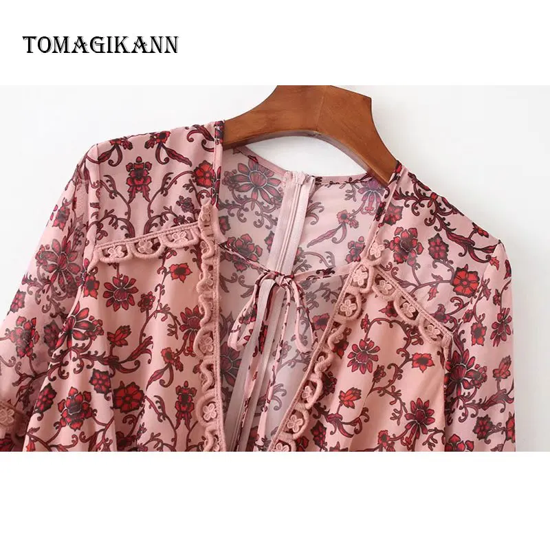 Sexy Flower Print Chiffon Deep V-Neck A Line Full Sleeve Short Dress 2019 Women Fashion Dresses Holiday | Женская одежда