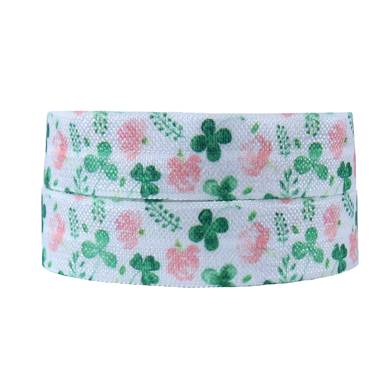 

FLRA FOE(50 yards/lot) Free shipping pink flower and lucky shamrock printed foe fold over elastic for St. Patrick's Day