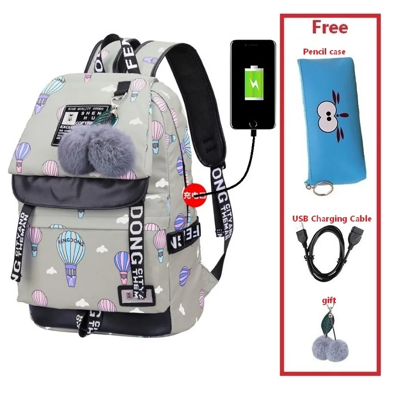 Set 8 Женский модный рюкзак с принтом, usb сумка для ноутбука, женские дорожные сумки, белый холщовый школьный рюкзак для девочек, безопасный рюкзак - Цвет: Set 8