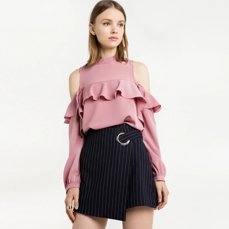 Женская мода оборками однотонные розовые Топы Блузки Повседневная выдалбливают