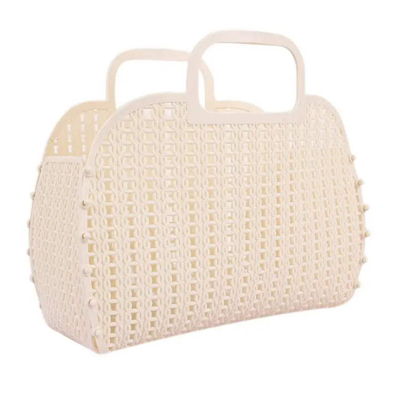 Beige Новые практичные вязаные переносные корзины для хранения, пластиковые плетеные корзины, выдолбленные корзины, корзинки для закусок, сумки - Цвет: Beige
