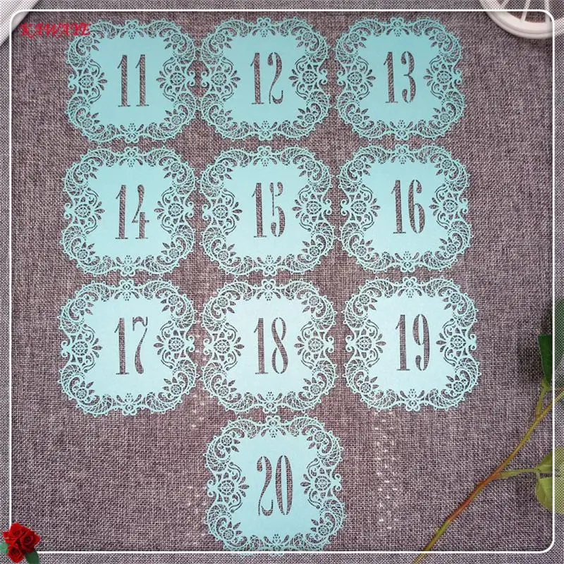 Blue11-20 10 шт. Романтические свадебные украшения праздничные вечерние принадлежности лазерная резка номер свадебного стола настольные карточки Полые карты номера 6ZZ19 - Цвет: Blue11-20