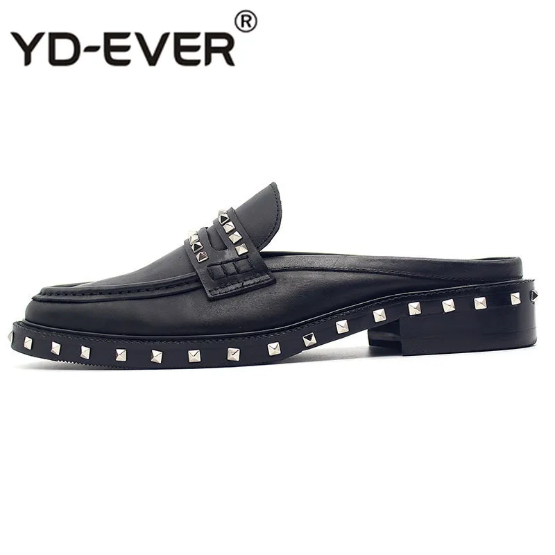 Mules Black Half Cow Skin Runway Fashion Metal Men Shoes Italy Brand Large Size Sandals Rivet British Style Custom Stud Slides | Обувь