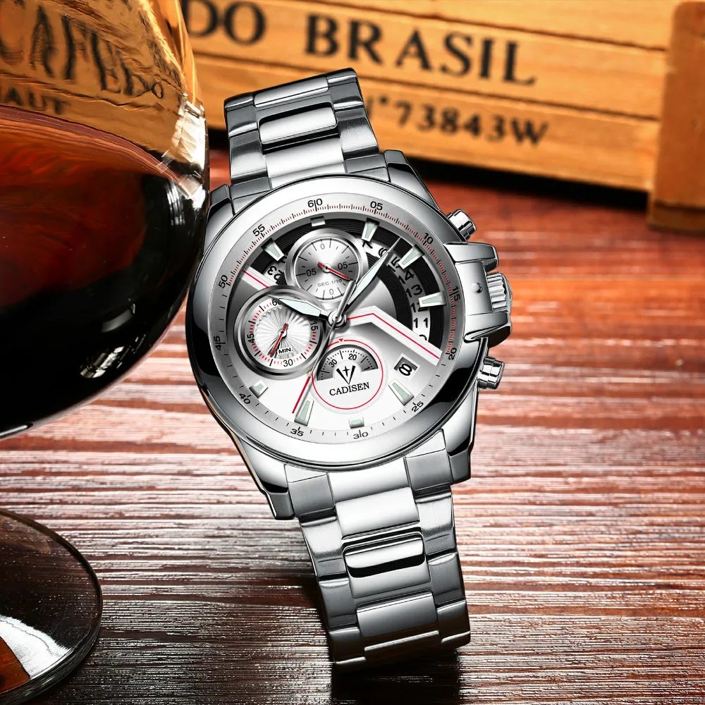 Cadisen Пилот Военный Спортивные Мужские кварцевые часы Элитный бренд Кожа гоночный