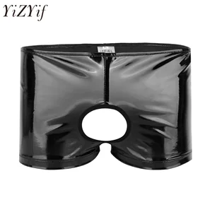 Новинка, мужское нижнее белье, боксеры, шорты, латексные трусы с дырками, сексуальные мягкие блестящие кожаные шорты, нижнее белье, эротические трусы с открытыми ягодицами