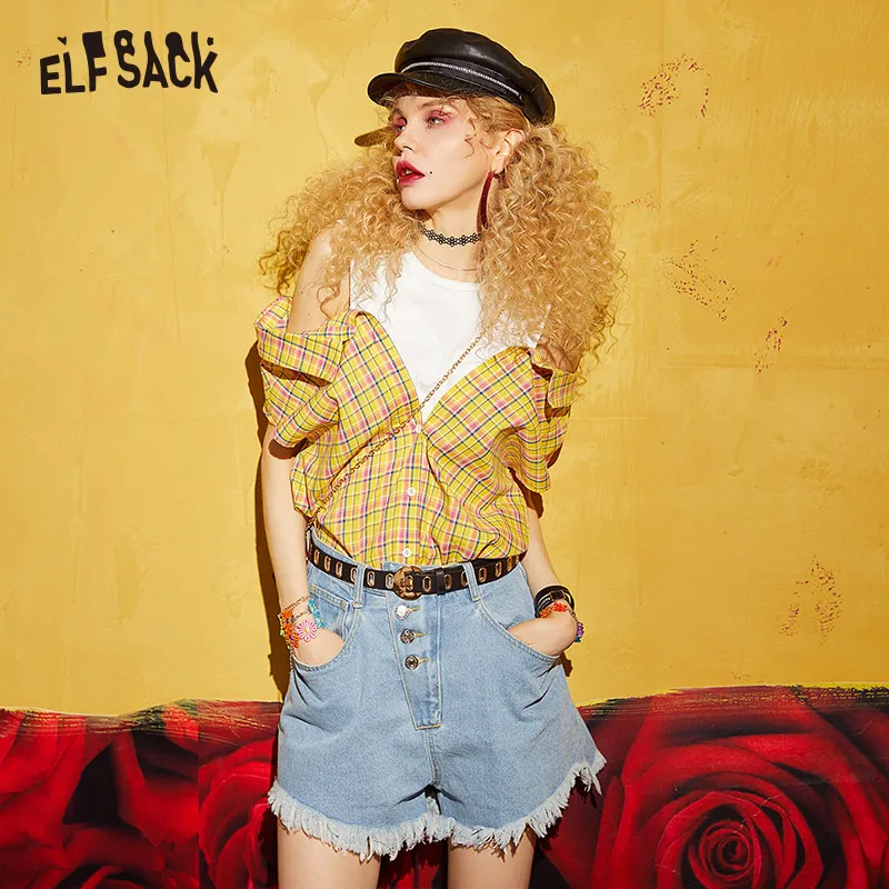 Женская винтажная блузка ELFSACK хлопковая рубашка в клетку с круглым вырезом и