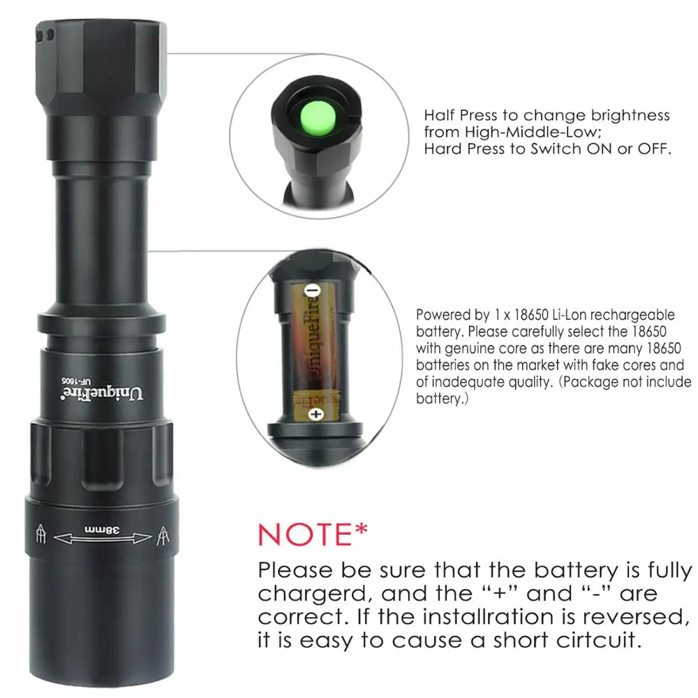 UniqueFire 1605 USB перезаряжаемая светодиодная вспышка T38 XRE светильник/зеленый/красный