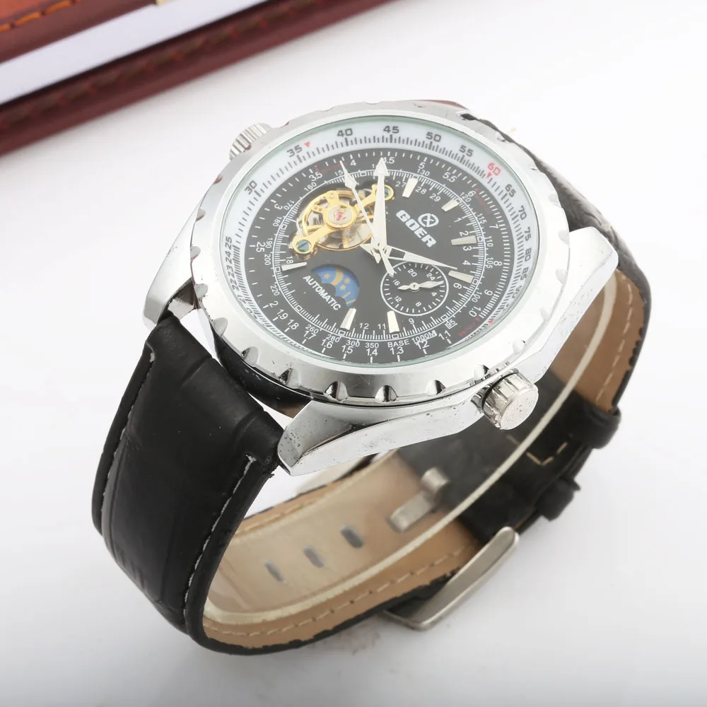 GOER Новая мода Tourbillion мужская одежда мальчик автоматические механические кожаные мужские спортивные часы большой циферблат Relojes Hombre