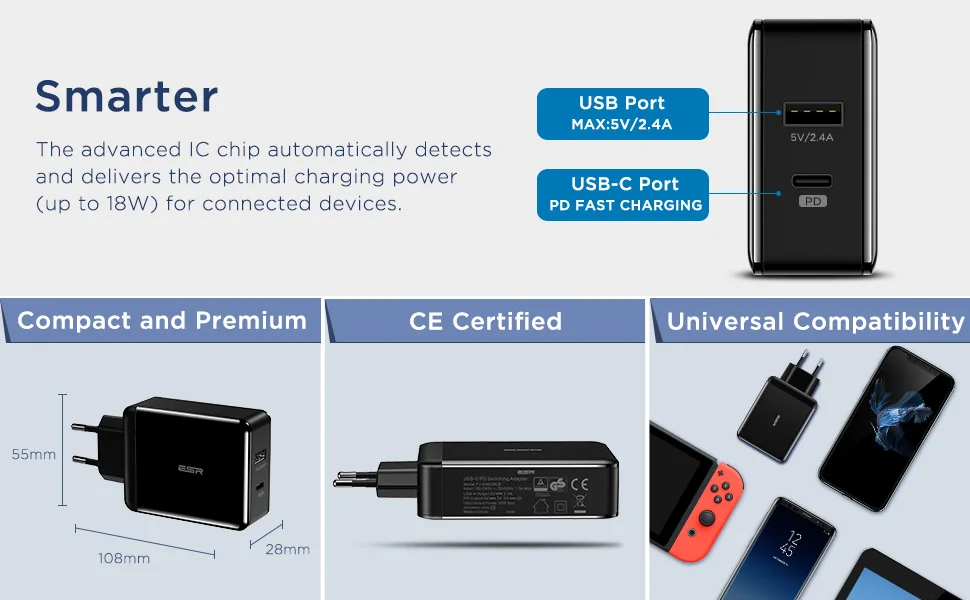 ESR USB C зарядное устройство 30 Вт двухпортовое зарядное устройство питания настенное зарядное устройство со складной вилкой PD 18 Вт порт для iPhone XS/XR/XS Max iPad