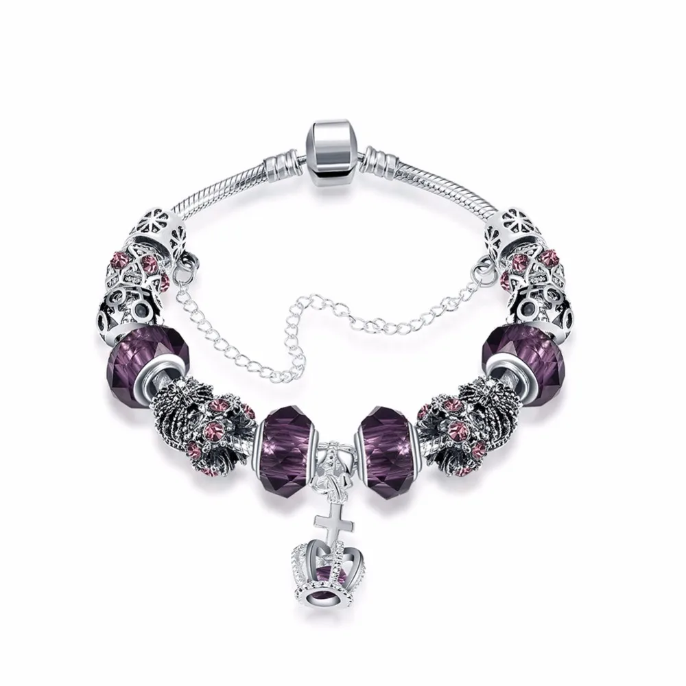 Seanuo 7 Color European Style Queen Crown &amp Cross Silver Charm Bracelet For Women Fashion DIY Murano Beads CZ Crystal Bracelets |