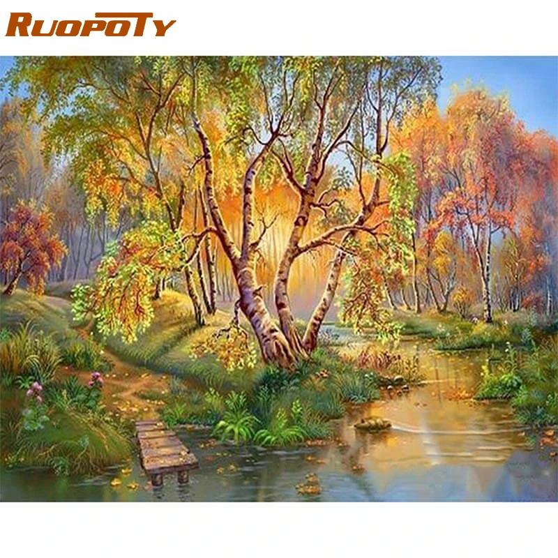 RUOPOTY рамка Осенняя река diy картина по номерам пейзаж акриловая краска по номерам для домашнего декора настенная художественная картина уникальный подарок