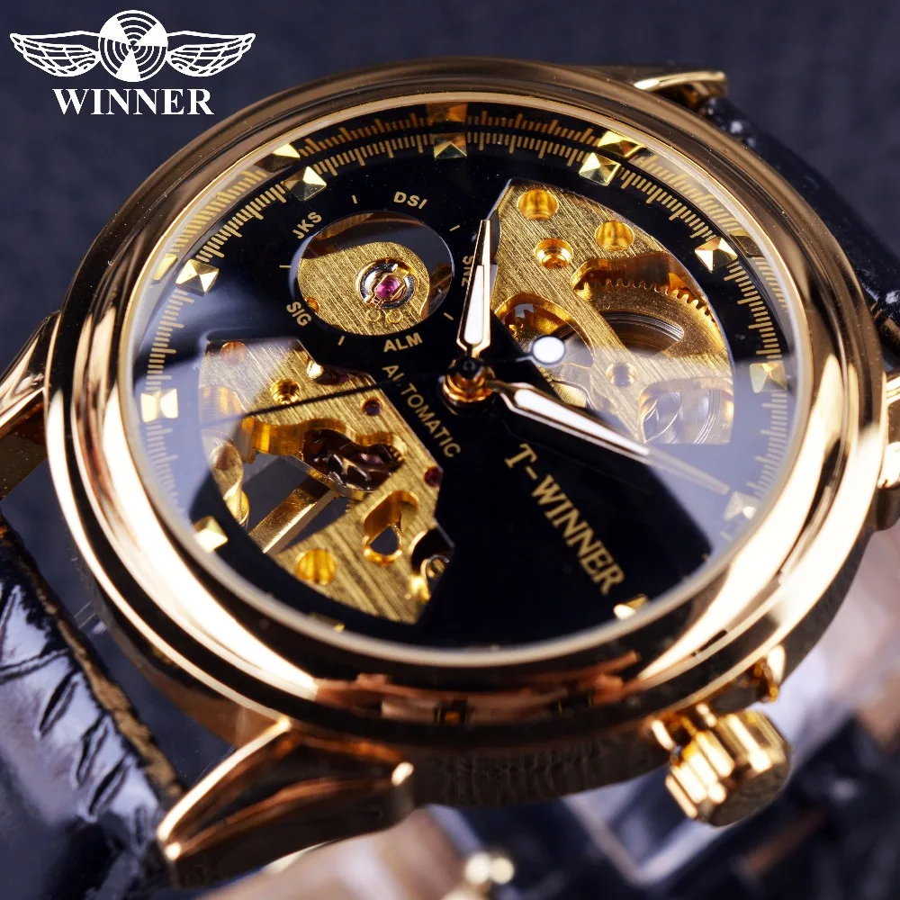 

Winner 2016 Black Golden New Design Mens Watches Top Brand Luxury Watch Men Half Skeleton Watch Clock Men Casual Fashion Watches