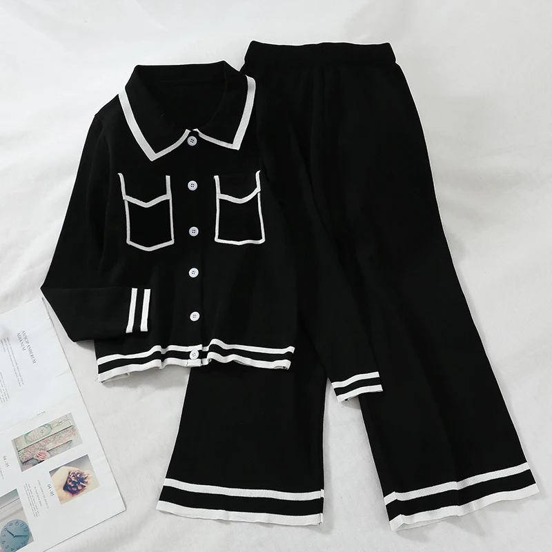 Женский трикотажный кардиган с карманами и отложным воротником + широкие брюки