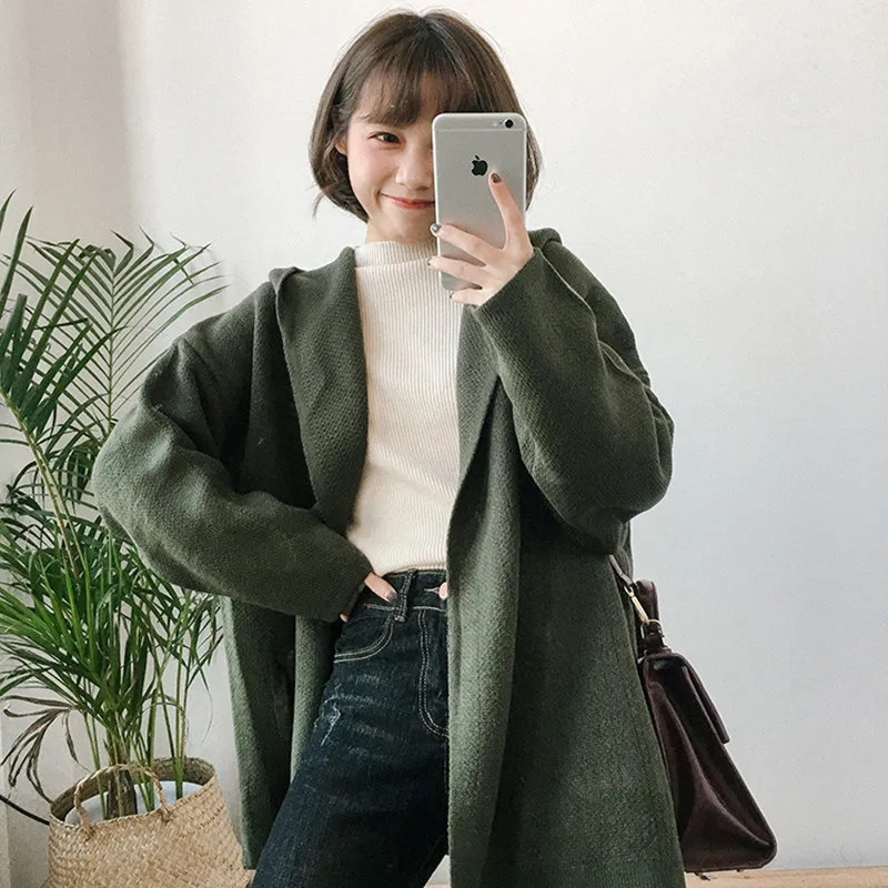 

3 colors 2021 spring solid color thicking cardigans womens with hat long sleeve sweaters with pocket warm coat (F1127)