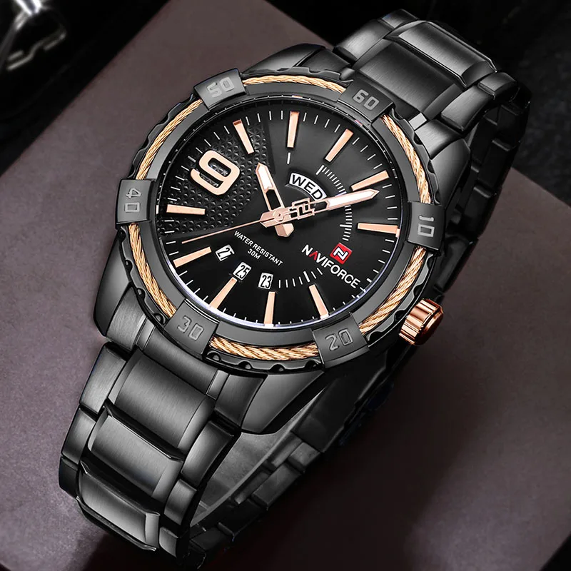 Black Black Gold NAVIFORCE Мужские часы от ведущего бренда, Роскошные мужские часы из нержавеющей стали, мужские роскошные брендовые знаменитые аналоговые кварцевые часы - Цвет: Black Black Gold