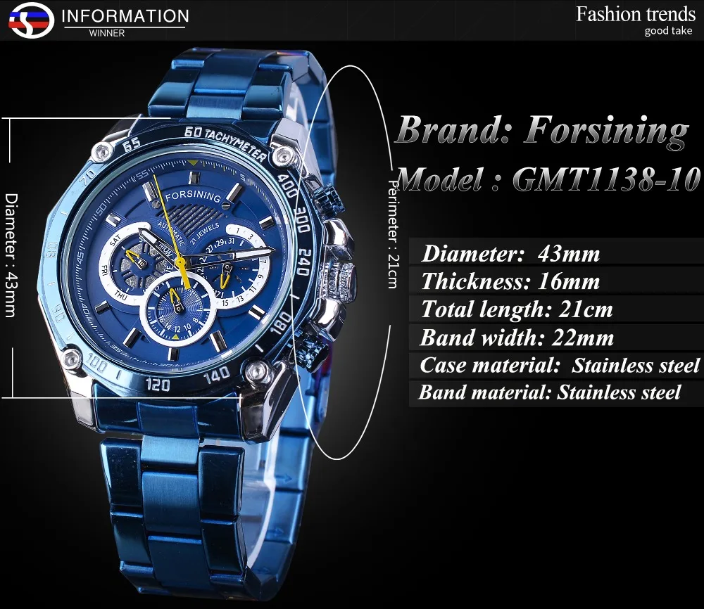 Forsining New Mens Blue Mechanical Watch Fashion Automatic Date Male Business Stainless Steel Wristwatch Relogio Masculino