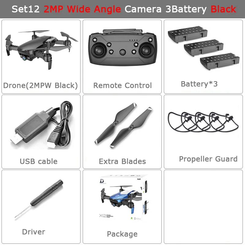 Set12 2MPW 3B Black X12 Радиоуправляемый Дрон с 0.3MP/2MP широкоугольной камерой Wi-Fi FPV Радиоуправляемый Дрон один ключ возврат высоты RC Квадрокоптер VS XS809S XS809HW - Цвет: Set12 2MPW 3B Black