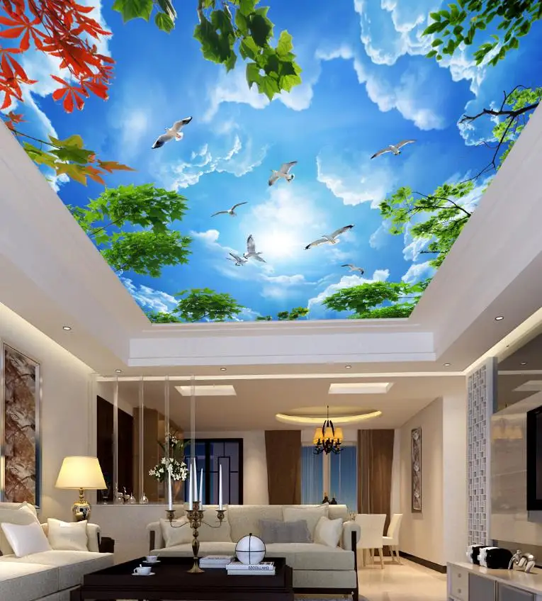 Настенные нетканые 3D обои с изображением голубого неба белых веток для