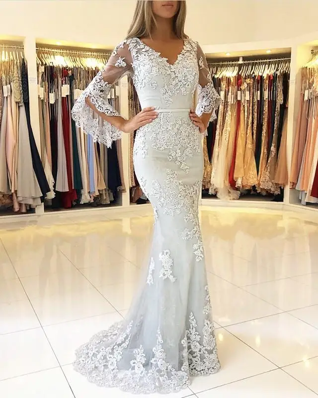 Сиреневые вечерние платья с длинными рукавами и v-образным вырезом Vestidos