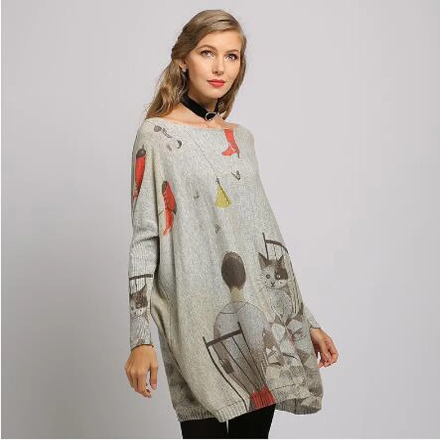 2019 New Regular Boy Cat Print Woman Sweater Oversize Long Batwing Sleeve Pullovers O-Neck Knitted Fashion Casual Clothes | Женская