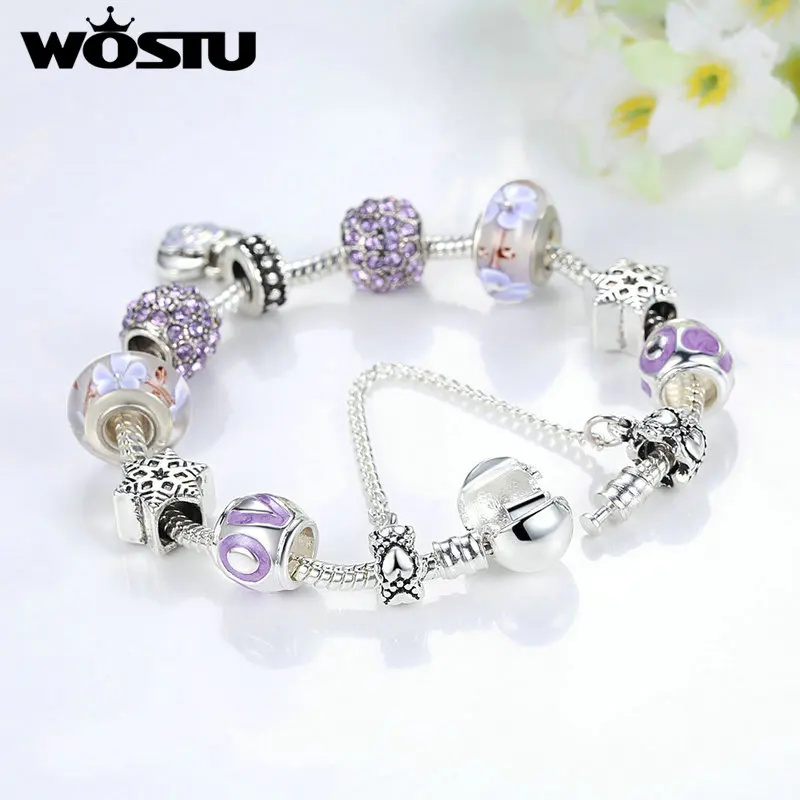 WOSTU новый модный Серебряный Фиолетовый гламурный браслет для женщин хорошее