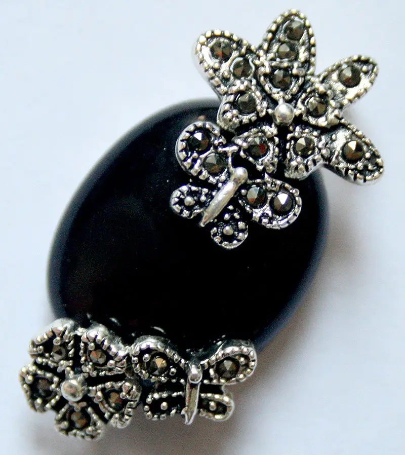 

vintage 925 silver natural 30*20 black JADE flower marcasite pendent