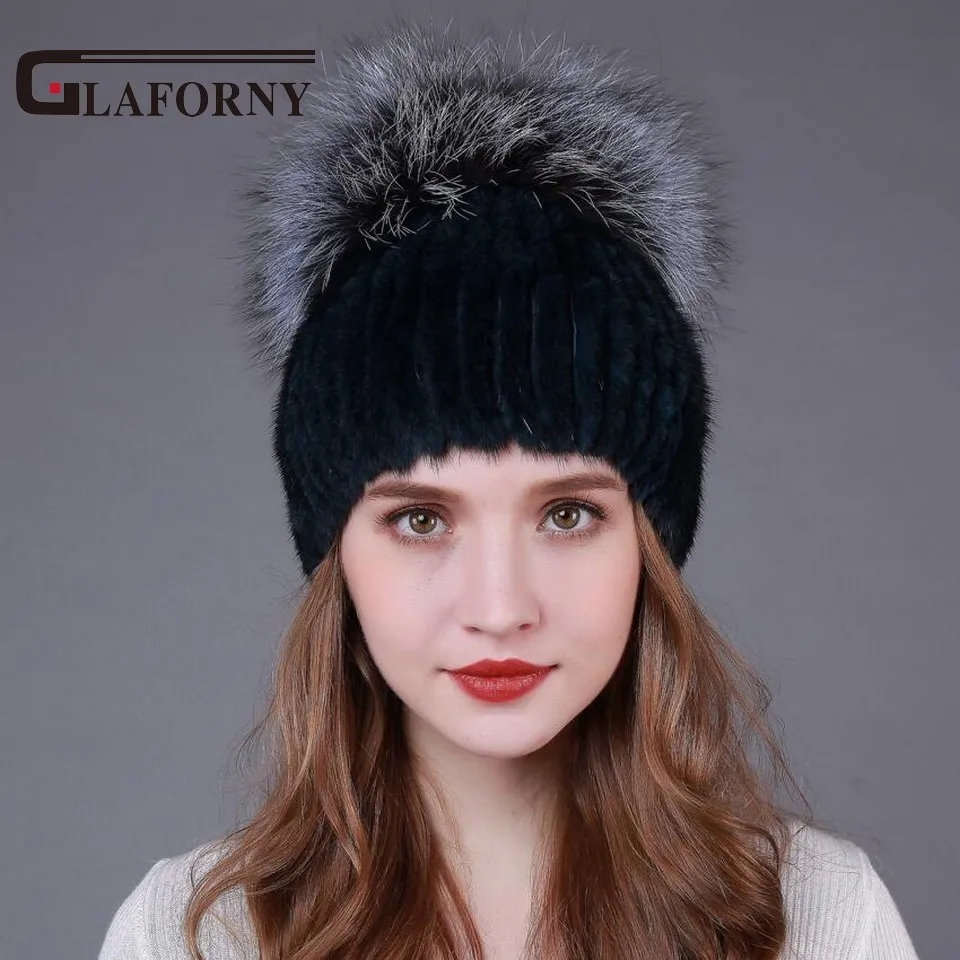 Glaforny 2018 Русская женская шапка из меха норки Зимняя теплая вязаная с помпоном