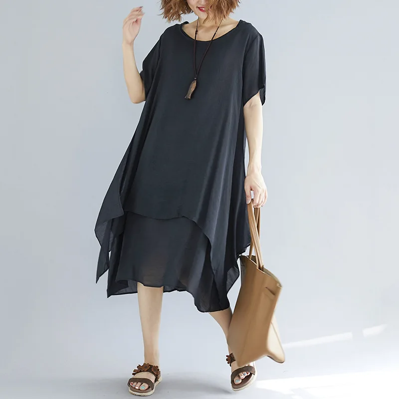 Johnature Solid Color Casual Loose Cotton Linen Dresses New 2019 Summer O-Neck Short Sleeve Irregular Ruffles Women | Женская одежда