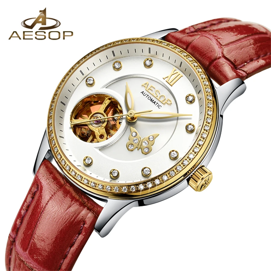 

AESOP 2018 Ladies Diamond Display Women Top Brand Luxury Sapphire Simple Skeleton Transparent Case Automatic Mechanical Watches