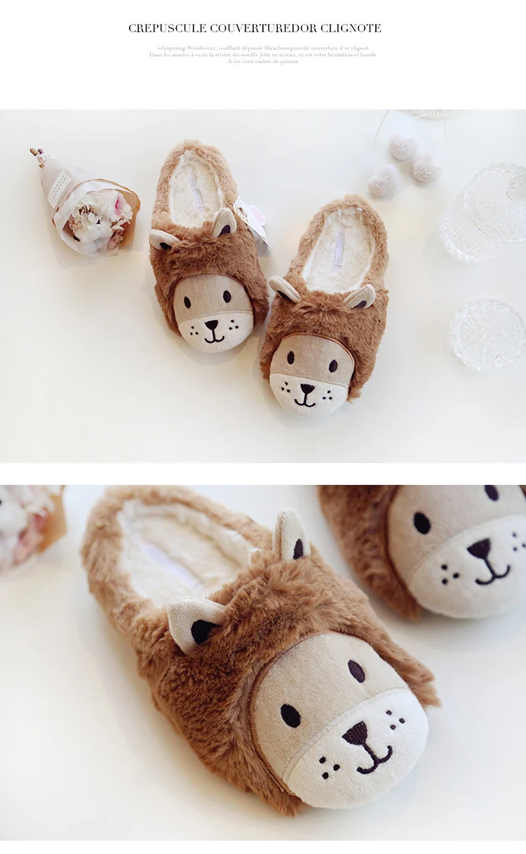 Kawaii/домашние тапочки с рисунком льва для женщин; Повседневная Домашняя обувь для влюбленных пар; зимние короткие плюшевые теплые домашние тапочки для женщин