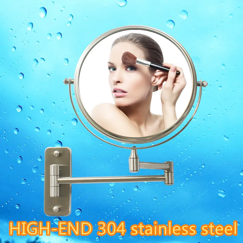 

8 inch HIGH-END 304 stainless steel wire drawing bathroom mirrors Dual Arm Extend 2-Face wall hanging Makeup mirror 3 x zoom