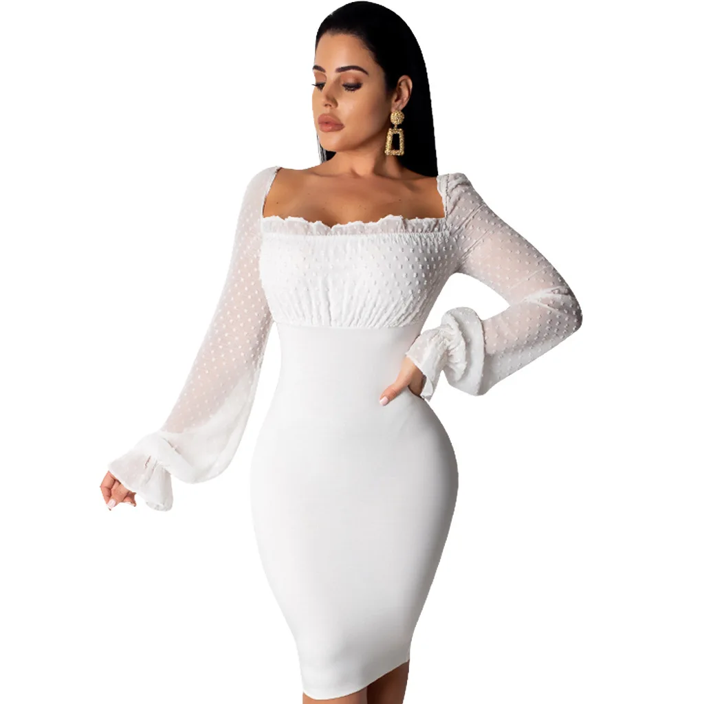 2019 Women Lace-up Sexy Hollow Out Long Sleeve Point Chiffon High Waist Bodycon Midi Dress Vintage England Style Dresses 6265 | Женская