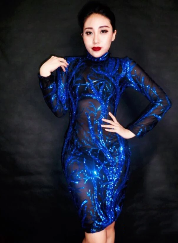 Новинка женское синее блестящее сексуальное платье стразы костюм певицы