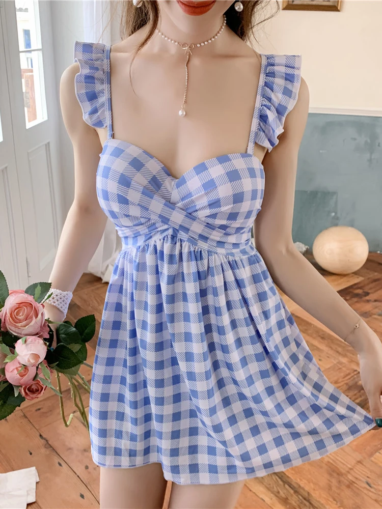 

2019 New Korean Women One Piece Swimwear Blue Plaid Sexy V-neck Cross Strap Neckline Stringy Ruched Selvedge Belted Skirt Suit