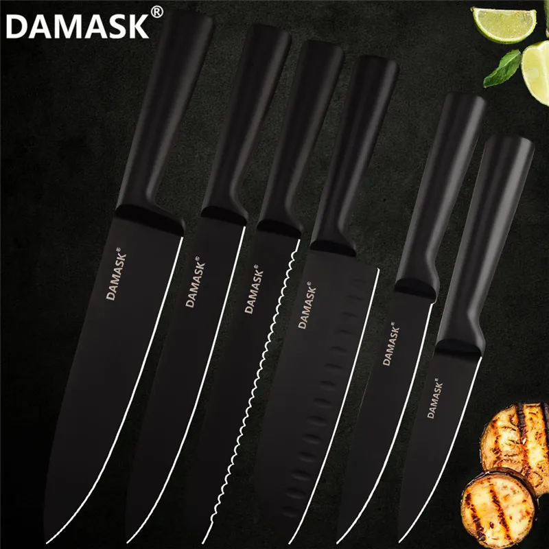 6 pcs set Дамасский черный Легенда кухонный нож Ультра острое лезвие шеф-повара набор кухонных ножей 3Cr13 из нержавеющей стали японские столовые приборы инструменты для приготовления пищи - Цвет: 6 pcs set