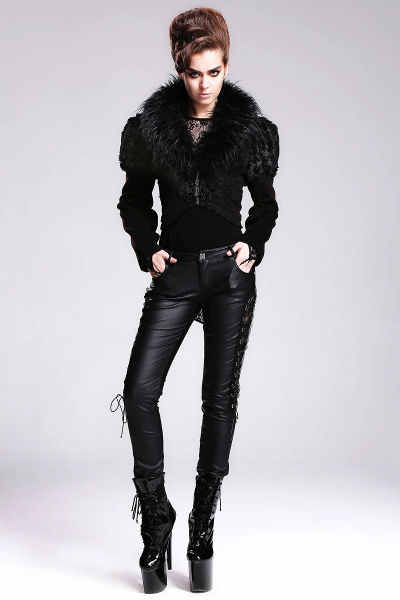 

Punk Gothic Detachable Fur Collar Jackets Punk Women's Short Jacket Lapel Neck Fishtail Jackets with Back Lacing