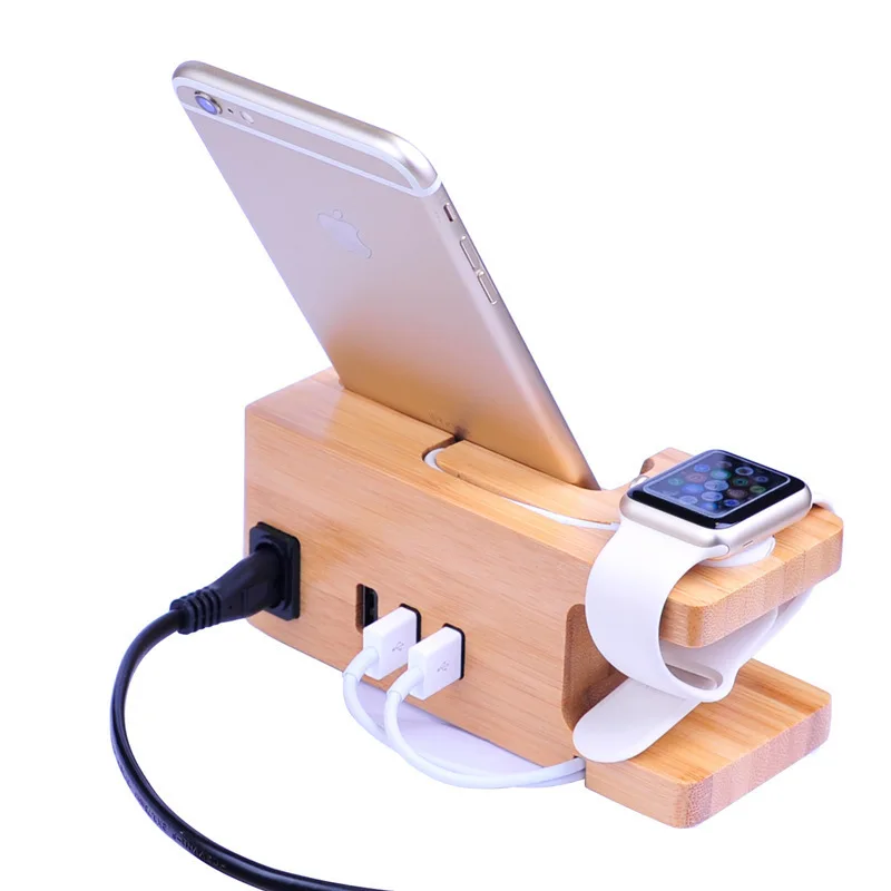 Деревянная Подставка для зарядки с 3 портами и часами, 5 В, 3 А, USB, Деревянная Подставка для зарядки мобильного телефона, док-станция, мульти зарядное устройство
