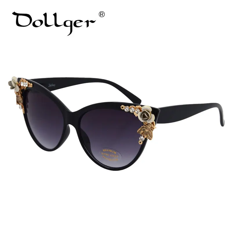 DOLLGER, Ретро стиль, кошачий глаз, солнцезащитные очки для женщин, кошачий глаз, фирменный дизайн,, для женщин, s, солнцезащитные очки, черные, стразы, цветы, s0005