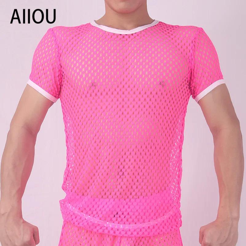 

AIIOU Mens Undershirt Mesh See Through Shirt Hole See Through Gay Shirt Sissy Transparent Wrestling Singlet Men Sexy Underwear