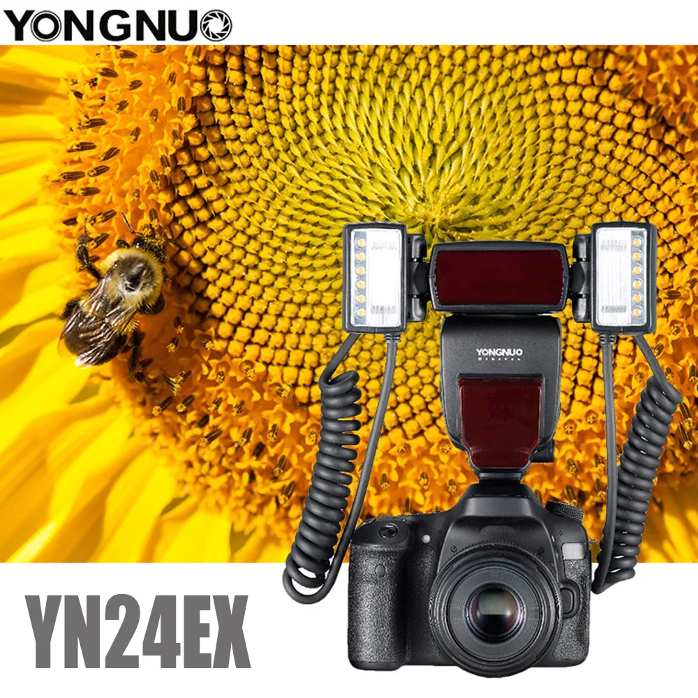 YONGNUO YN24EX E-TTL Макросъемка Speedlite с 2 шт. головкой вспышки и 4 переходными кольцами для