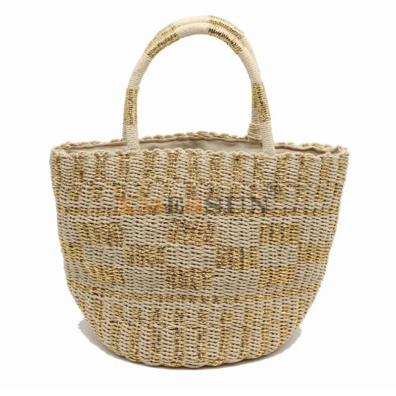 Плетеная соломенная сумка золотого и серебряного ведерко в японском стиле на