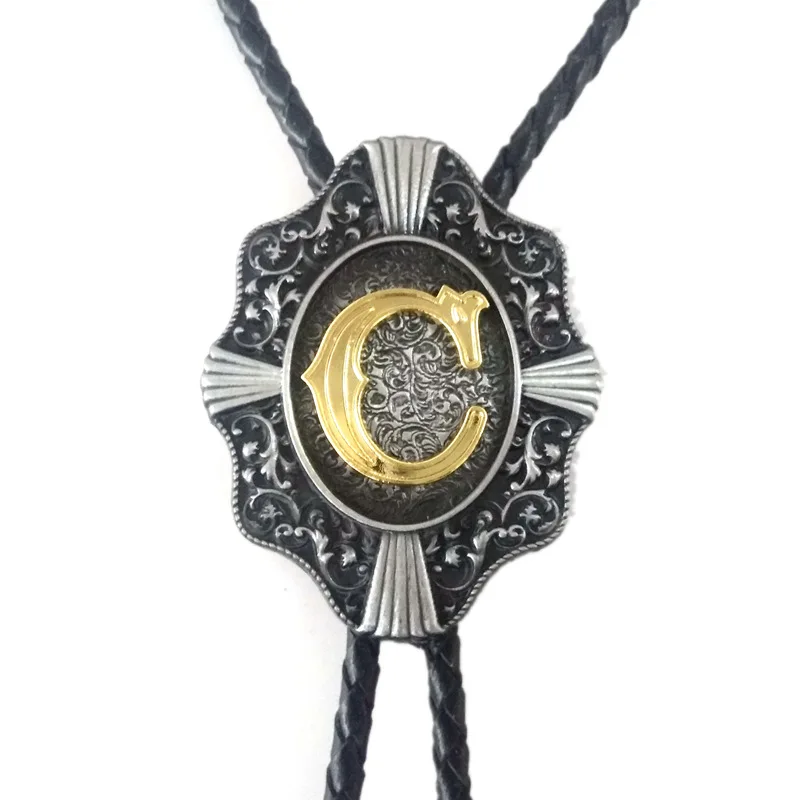 5 pcs wholesale Vintage Western cowboy bolo tie for men Black leather chain metal buckle With Gold Letter &quotC&quot custom ties |