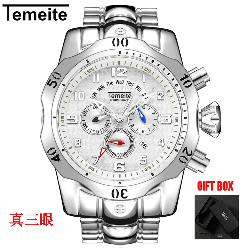 Temeite 14 with box Мужские часы Temeite Топ бренд класса люкс дизайн золотые кварцевые часы мужские спортивные водонепроницаемые мужские наручные часы Relogio Dourado Masculino - Цвет: Temeite 14 with box
