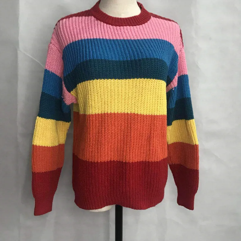 Rainbow Striped Women Sweaters 2018 Autumn New High Street Oversized O-neck Knitwear Knitted Pullovers cws0101-5 | Женская одежда