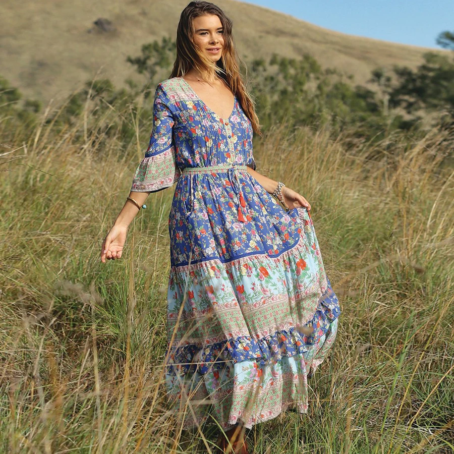 Женское длинное платье в стиле бохо с V-образным вырезом и цветочным принтом |