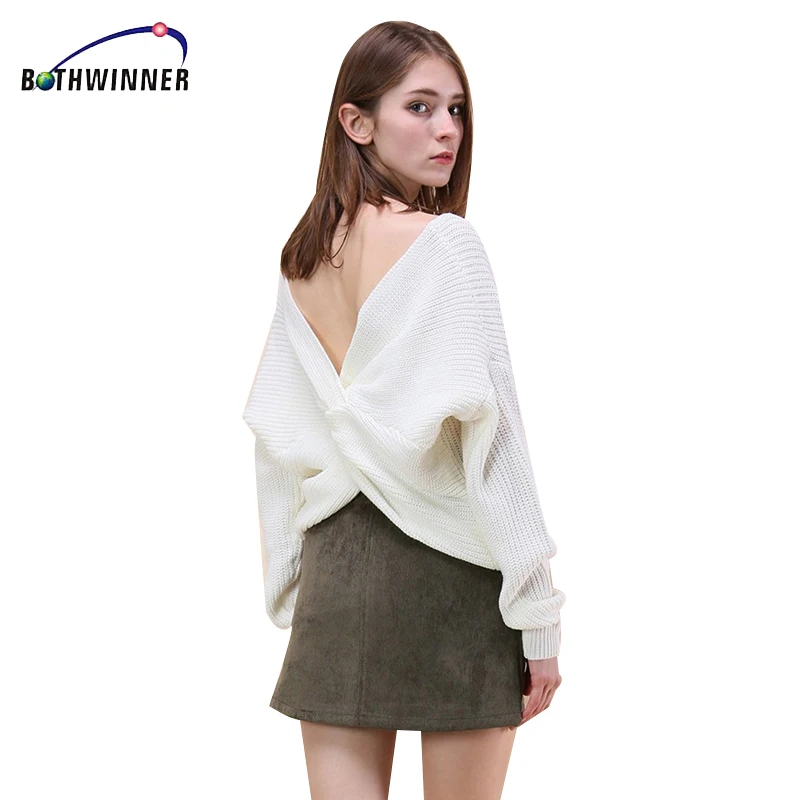 Bothwinner V Neck Twisted Back Sweater Women Jumpers Pullovers Long Sleeve Knitted Sweaters Pull Femme | Женская одежда