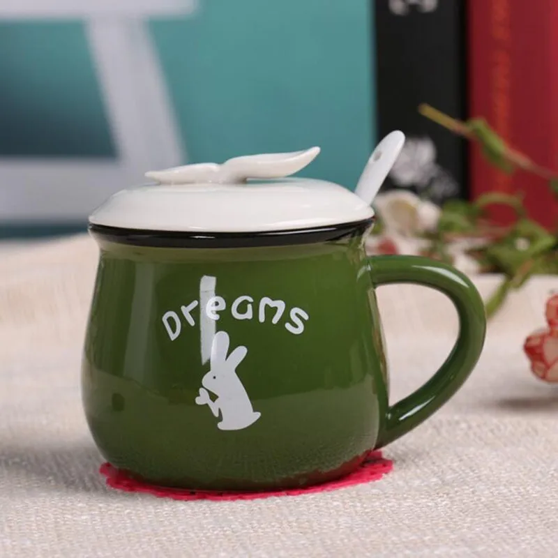 350ml Cute breakfast cup creative ceramic couple water mug coffee milk with covered spoon | Дом и сад