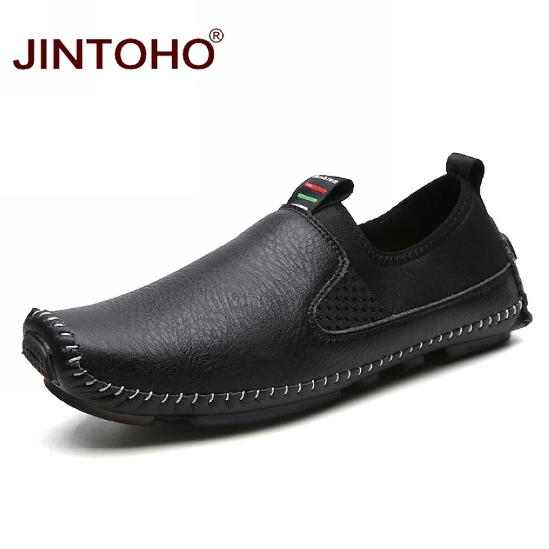 black JINTOHO/Мужская обувь из натуральной кожи; модная мужская кожаная обувь; мужские лоферы без застежки; повседневные кожаные водонепроницаемые мокасины; большие размеры - Цвет: black